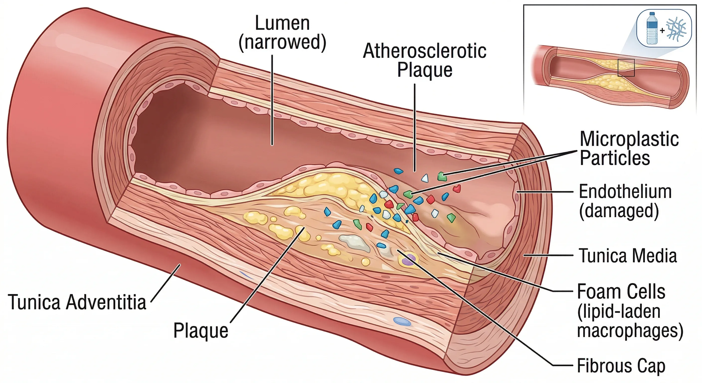 Artery cross-section with microplastic deposits