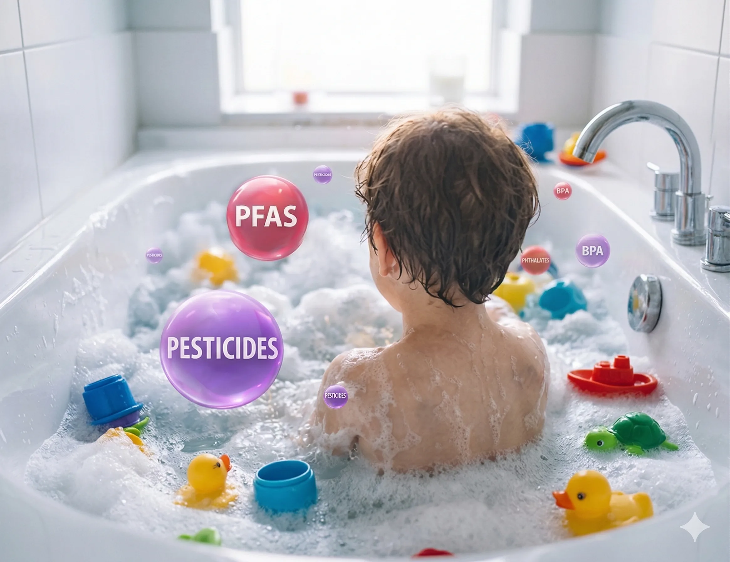 Child showering — PFAS exposure through skin absorption and steam inhalation