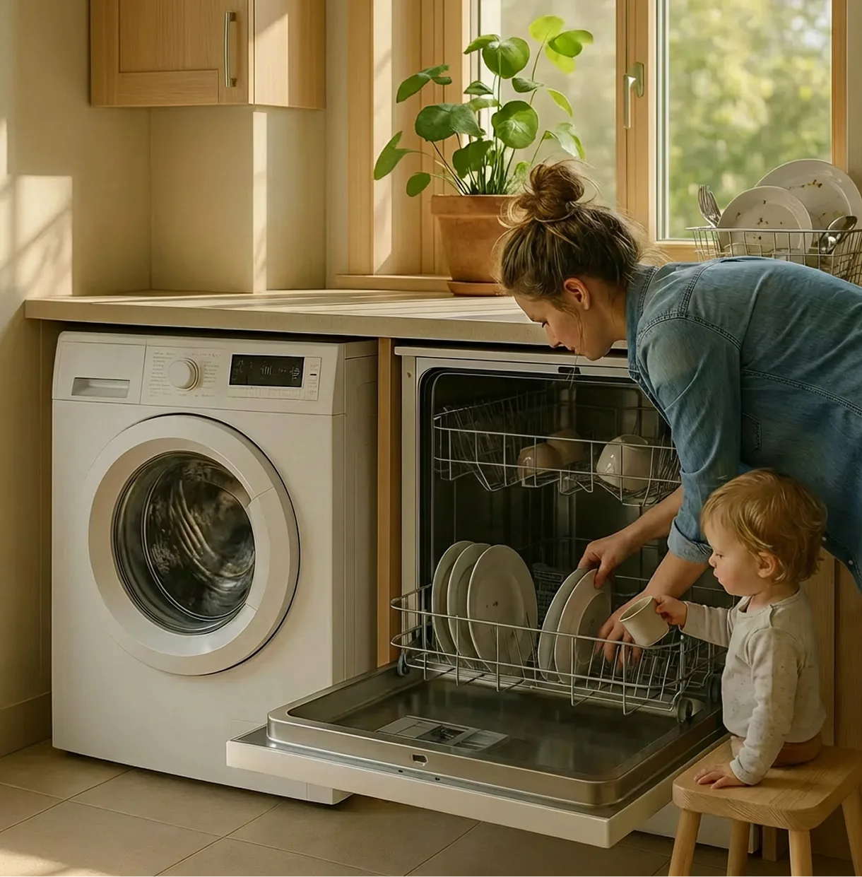 Dishwasher releasing trihalomethanes from chlorinated tap water into kitchen air