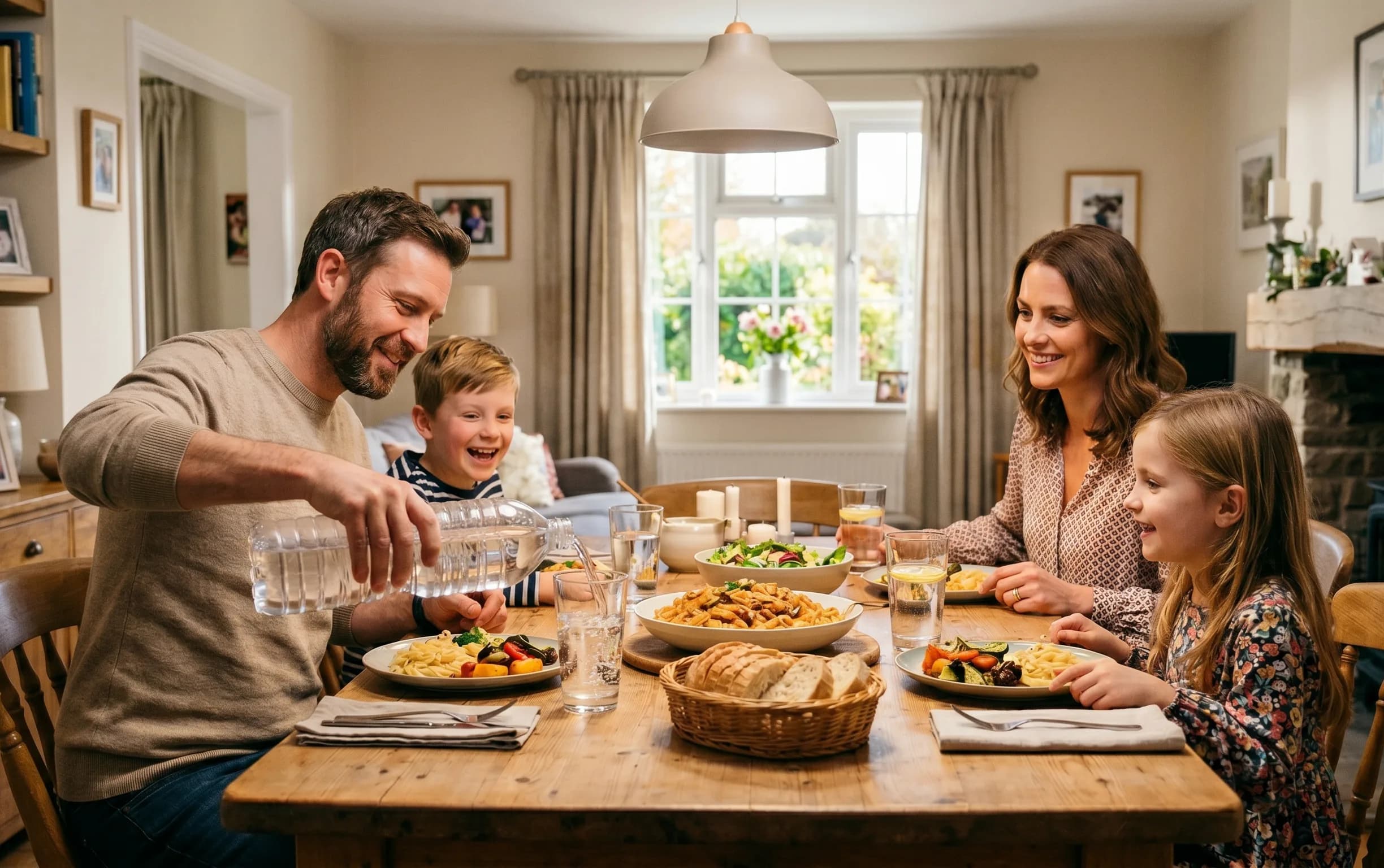 Family drinking tap water — up to 240,000 microplastic particles per liter in bottled water