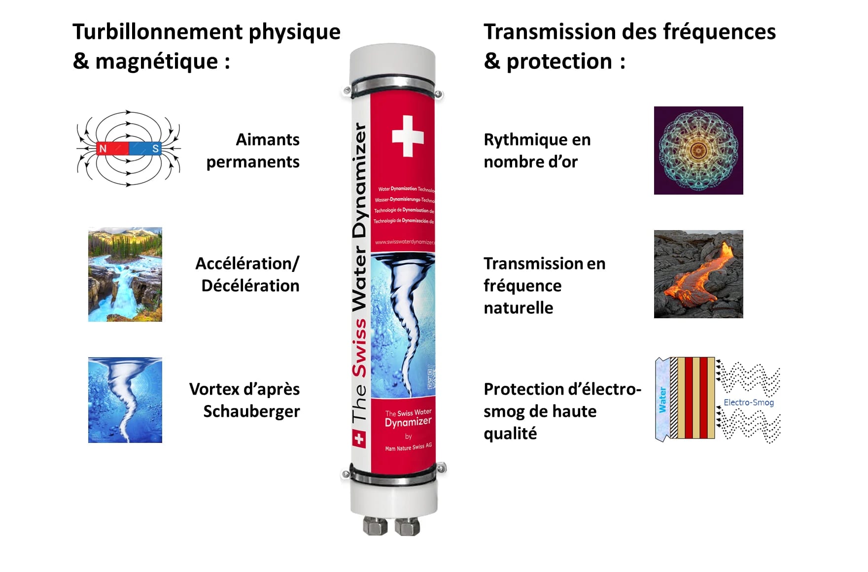 The Swiss Water Dynamizer's 18 principles of function — permanent magnets, acceleration/deceleration, Schauberger vortex, golden-ratio rhythmics, natural frequency transmission, and high-grade electro-smog shielding