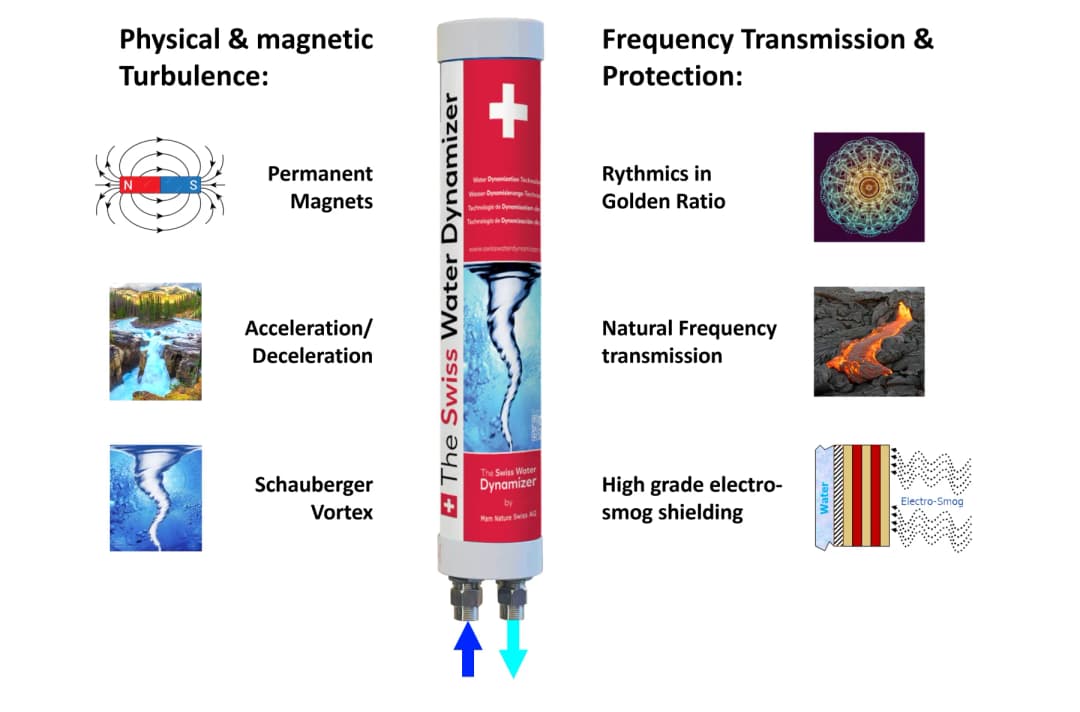 The Swiss Water Dynamizer and its 18 principles of function, grouped into physical and magnetic turbulence and frequency transmission and protection